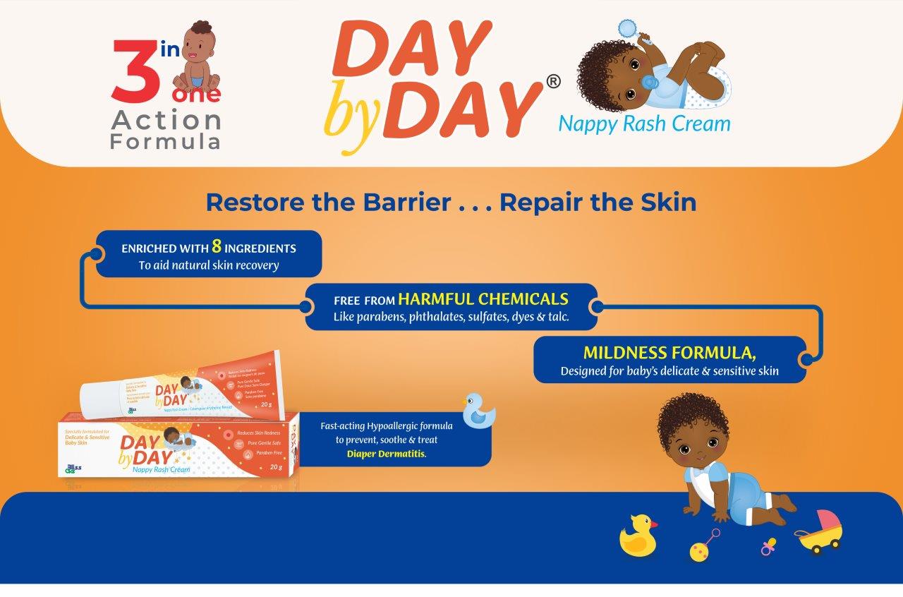 Day by Day Nappy Rash Cream effectively soothes irritations and deeply regenerates the skin, bringing quick relief. Day by Day Nappy Rash Cream is a gentle everyday soothing formula which protects babies from chaffed skin, leaving it soft and smooth. This non-sticky, non-greasy and easy to apply cream keep babies' skin hydrated. It is enriched with natural ingredients (like shea butter) & Vitamin E, improves diaper rash. Formulated for all skin types, even those with sensitive skin.
